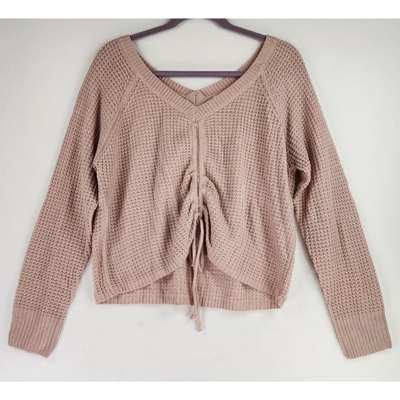 Full Circle Sweaters - Full Circle Trends Sweater Womens XL Pink Cropped Preppy Cinched Waffle Knit Top
